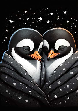 Penguin Pair Wrapped in Starry Blanket