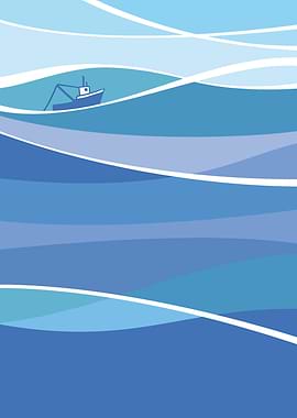 Stylized Boat on Blue Ocean Waves