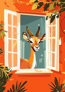 Gazelle Looking Through Window Illustration
