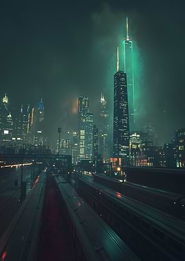 Cyberpunk Chicago Night Cityscape with Train Tracks