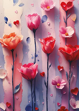 Watercolor Flowers and Hearts Pattern
