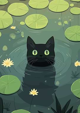 Black cat in a lily pond