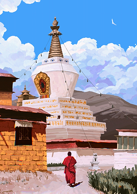 Tibetan Stupa with Monk Illustration