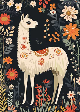 Llama in Floral Garden Illustration