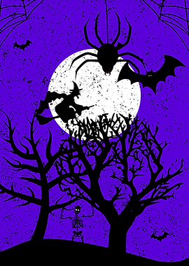 Halloween Night Scene with Witch and Spider