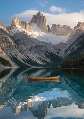 Mountain Lake with Canoe Reflection