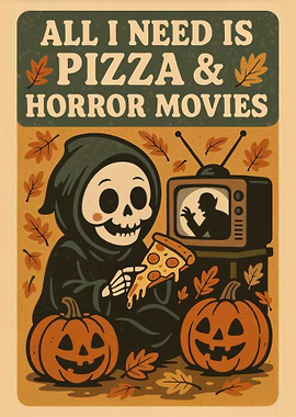 Cute Grim Reaper Eating Pizza Halloween Poster