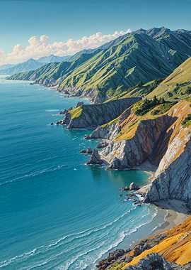 Coastal Landscape with Mountains and Ocean