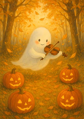 Cute Ghost Playing Violin with Pumpkins
