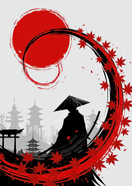 Samurai Silhouette with Red Sun and Leaves
