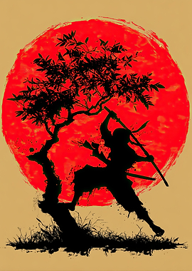 Ninja Silhouette with Red Sun and Tree