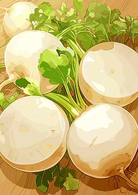 Turnips with Greens on Wooden Surface