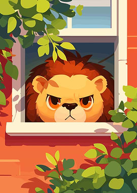 Cartoon Lion Peeking Out Window