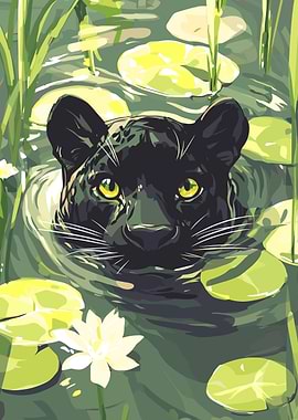 Black Panther in Water Lily Pond