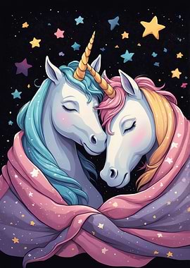 Two Unicorns Embracing in Starry Night