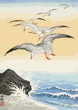 Seagulls Flying Over Ocean Waves