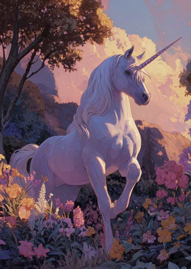 White Unicorn in a Colorful Floral Meadow
