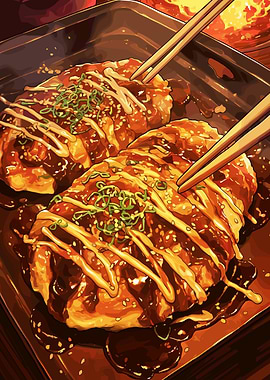 Okonomiyaki with Chopsticks Digital Art