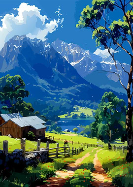 Scenic Mountain Landscape with Farmhouse