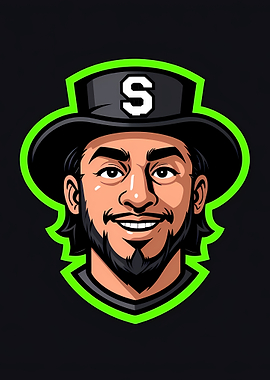 Smiling Bearded Mascot Logo with Hat and Neon Green Outline