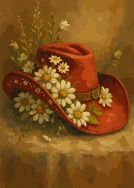 Red Cowboy Hat with Daisies Painting