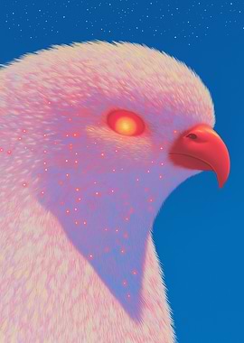 A fantastical glowing phoenix with a piercing eye