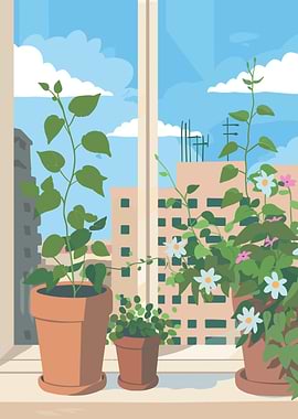 Plants on a windowsill with city view