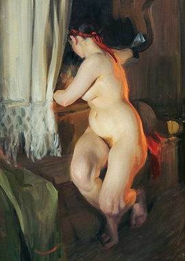 Nude Woman with Red Ribbon Painting