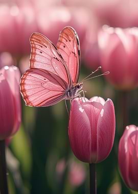 Butterfly on Pink Tulip Flower