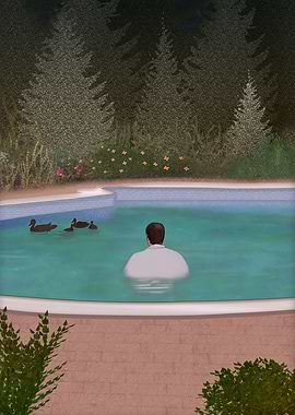 Man in Pool with Ducks