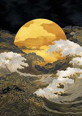 Golden Moon over Ocean Waves Art