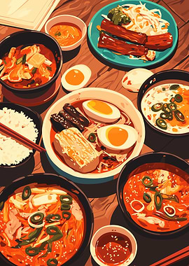 Assorted Asian Dishes on Wooden Table