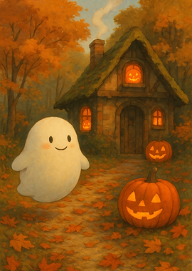 Cute Halloween Ghost in Autumn Forest