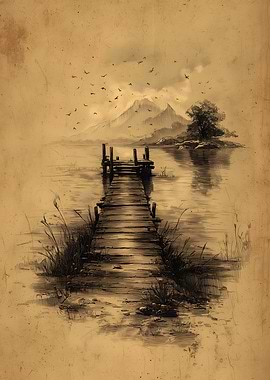 Sepia Lake Pier Landscape Drawing