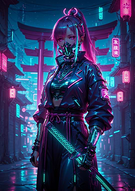 Cyberpunk Girl Samurai Torii Gate Japan