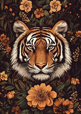 Tiger Portrait with Floral Surroundings