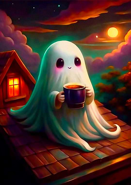 Cute Halloween Ghost Coffee Time