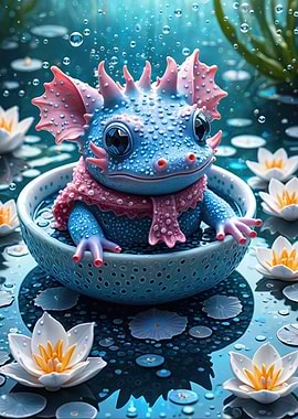 Adorable Blue Axolotl in a Water Lily Pond — Whimsical Cute Creature Art