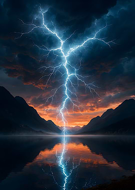 Lightning Strike Over Mountain Lake