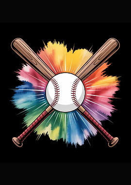 Baseball and crossed Bats with Colorful red, blue and green watercolor Burst