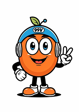 : Smiling Orange Mascot with Headphones Showing Peace Sign