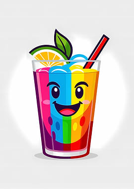 Smiling Rainbow Slush Cup Mascot with Straw