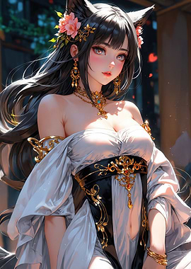 Anime Girl with Fox Ears and Flowers