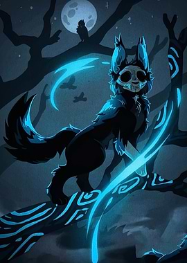 Skull-faced wolf on a glowing branch