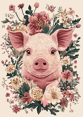Piglet Portrait with Floral Arrangement