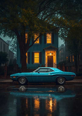 Blue vintage car in the Rain