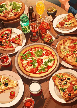 Pizza Feast Still Life Illustration