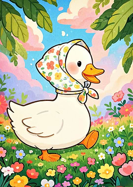 Duck with Floral Scarf in Meadow