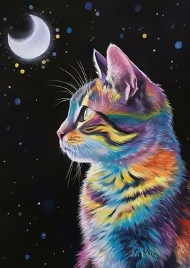 Colorful Cat Gazing at the Moon