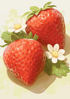 Two Strawberries with Flowers Illustration